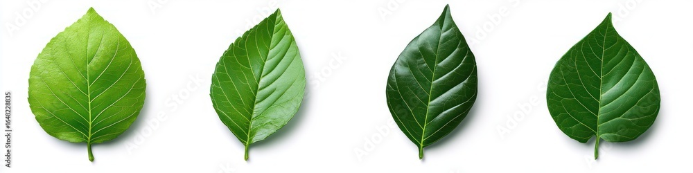 Poster four green leaves of varying shapes and shades arranged in a horizontal line on a white background, 
