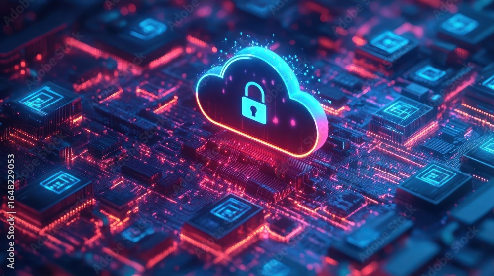 Aufkleber glowing digital cloud with a lock symbol above a circuit board representing secure cloud computing t