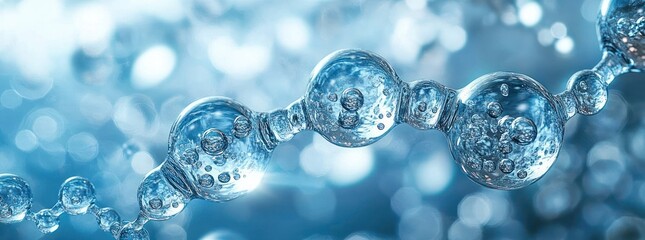 Close-up of transparent blue water molecules forming a chain with bubbles inside, set against a soft blurred blue background, evoking purity and fluidity