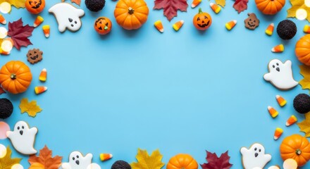 Fototapeta premium Halloween border with colorful leaves, ghost cookies, pumpkins, and candy corn top view for holiday design.