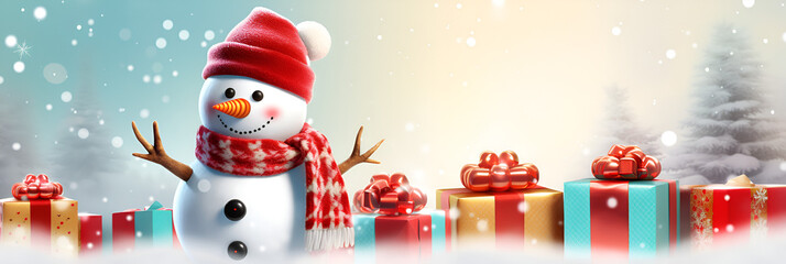 christmas tree and snowman, Beautiful snowman in winter landscape, 
