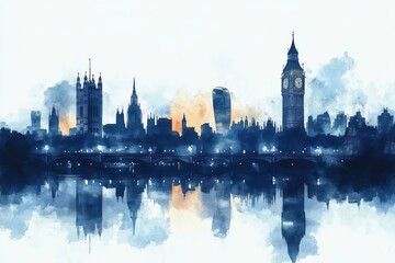 Obraz premium Watercolor-style cityscape of a London skyline at dusk with prominent landmarks reflected in the river under a serene sky