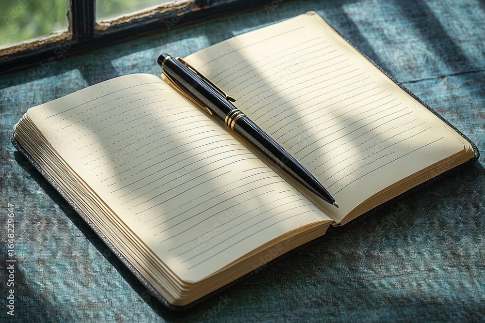 Poster open blank notebook with lined pages and black pen resting on blue textured fabric near window with 