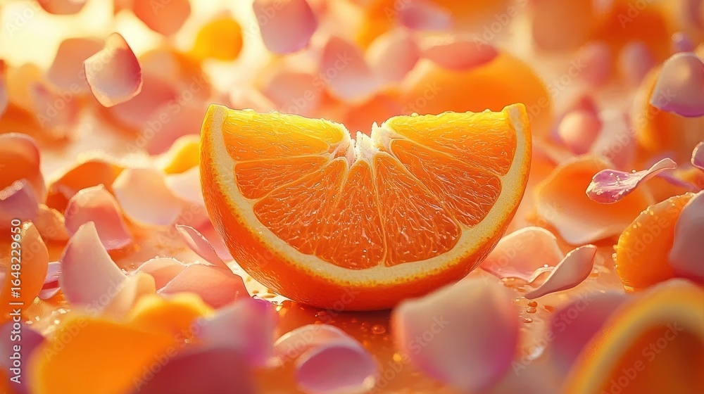 Poster close-up of a fresh orange slice surrounded by scattered petals in soft warm lighting creating a vib