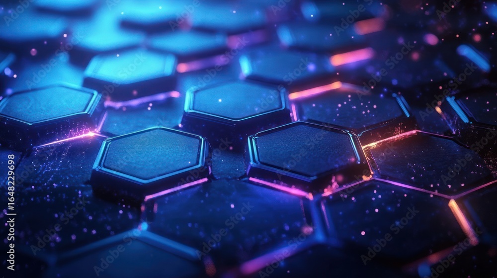 Poster close-up view of glowing hexagonal patterns with blue and purple neon lighting creating a futuristic