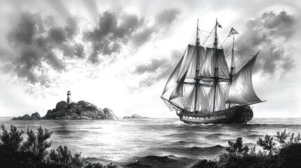 Black and white illustration of a tall sailing ship with full sails near a rocky island with a lighthouse, under a cloudy sky over choppy sea waters