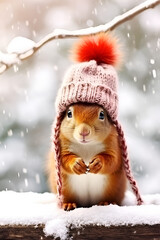 santa claus in the snow, On a snowy morning the squirrels stand in the snow with their scarves
