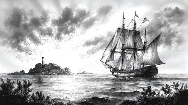 Black and white illustration of a tall sailing ship with full sails near a rocky island with a lighthouse, under a cloudy sky over choppy sea waters - Powered by Adobe
