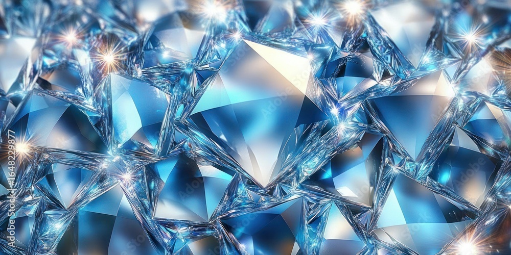 Poster close-up of numerous polished blue gemstones with sharp facets reflecting light and creating sparkli