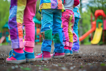 Children wearing colorful washed denim pants, playground scene, cheerful and playful design