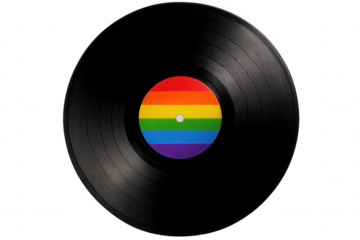 Black vinyl record with rainbow label symbolizing lgbtq+ pride, isolated on transparent background, perfect for music and social activism projects