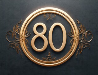 Elegant gold number eighty inside a circular ornate frame with intricate floral designs on a dark textured background