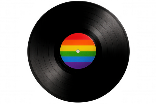 Black vinyl record with rainbow label symbolizing lgbtq+ pride, isolated on transparent background, perfect for music and social activism projects