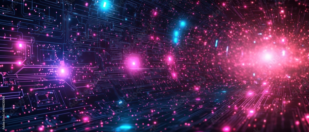 Poster abstract digital tunnel with glowing circuit patterns and bright neon lights creating a futuristic a
