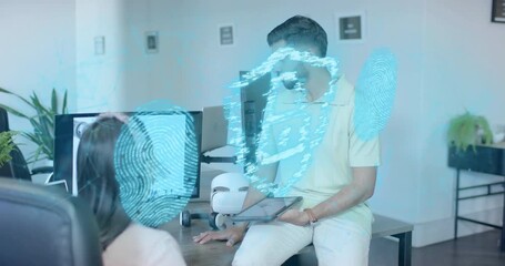 Team tapping screen reviewing 3D hand activating fingerprint hologram turning into security shield - Powered by Adobe