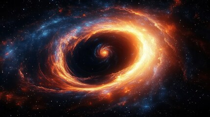 Bright glowing spiral galaxy with swirling fiery orange and blue stars surrounding a dark cosmic center in outer space
