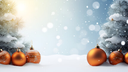 christmas tree decorations, Christmas blue background with snow, Christmas holly and ornament

