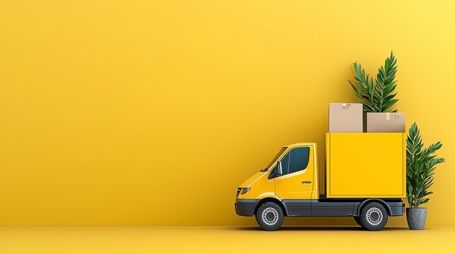 Yellow Delivery Truck with Packages and Plants on Yellow Background