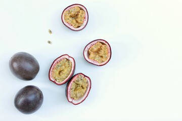 Passion fruit, exotic fruit, tropical, free space, cut, top view