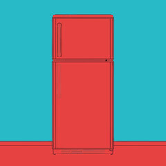 vector of a red refrigerator in a modern kitchen setting, representing appliances, food storage, and home life.