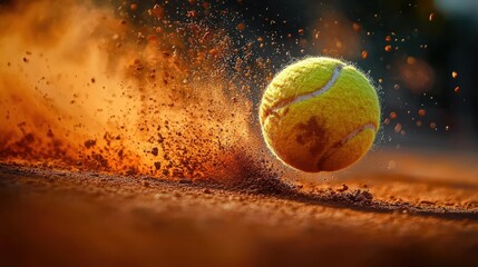 Close-up of yellow tennis ball bouncing and kicking up reddish brown clay dust on tennis court