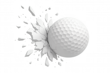 Golf ball breaking through a transparent wall with debris flying, perfect for sports and recreation themes