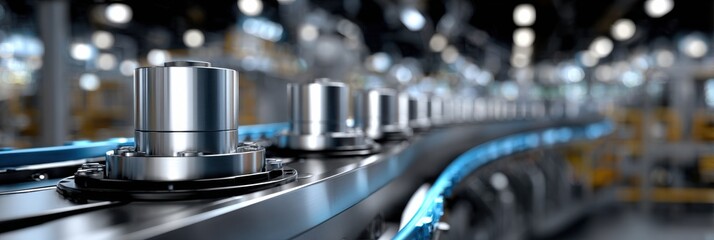 A conveyor belt with a series of metal cylinders on it