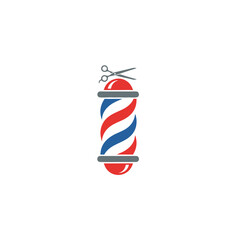 vector of a traditional barbershop pole with red, white, and blue stripes and scissors, symbolizing barber services.