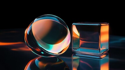 Close-up of a transparent glass sphere and a glass cube on a reflective surface with vivid orange and teal light reflections creating a futuristic and elegant atmosphere