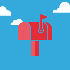 vector of a classic red mailbox with a flag up against a blue sky with clouds, representing mail and communication.