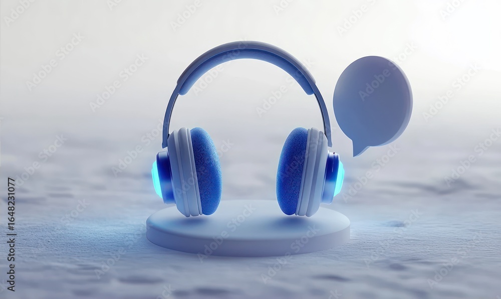 Poster blue and white headphones glowing softly on a circular platform with a floating speech bubble beside