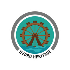 vector of a wooden water wheel with water waves, enclosed in a circular badge with "HYDRO HERITAGE" text, symbolizing traditional hydropower.