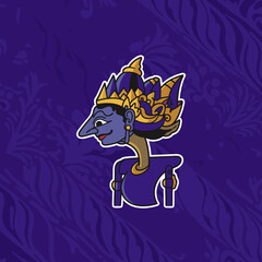 vector of a traditional Indonesian Wayang Kulit puppet character with an ornate headdress, set against a purple patterned background, symbolizing Javanese cultural heritage.