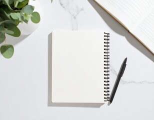 Blank White Mug Mockup: Open Notebook & Pen on Clean Desk. Creativity, Planning & Calm Productive Workspace
