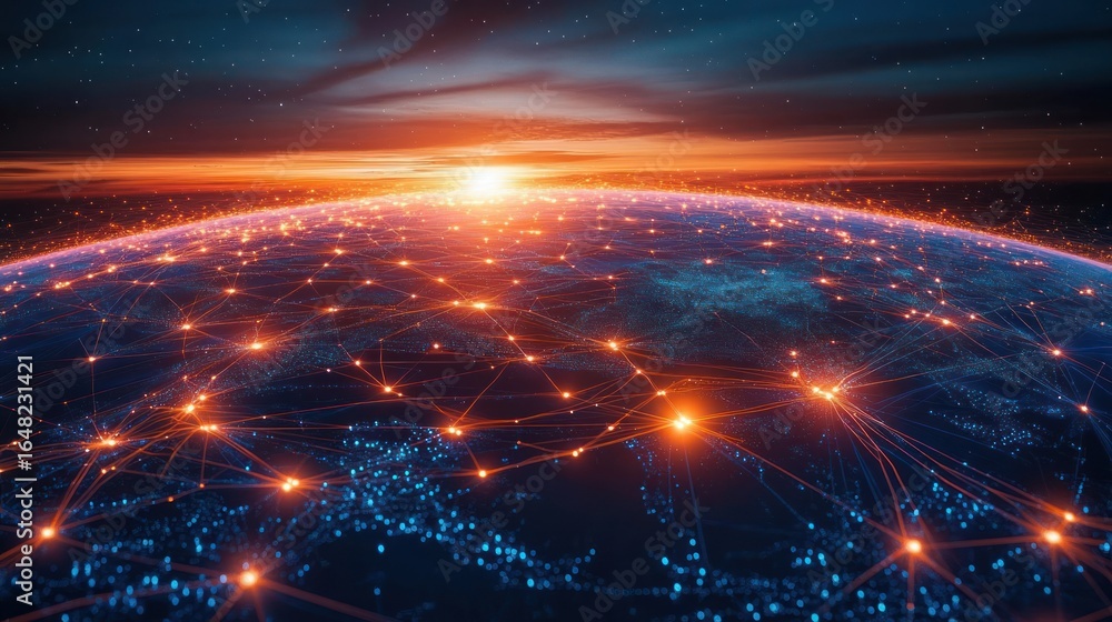 Poster glowing network connections spread across a digital representation of earth at sunset with illuminat