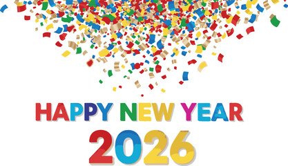 Happy New Year 2026 with confetti, a colorful and celebratory vector illustration