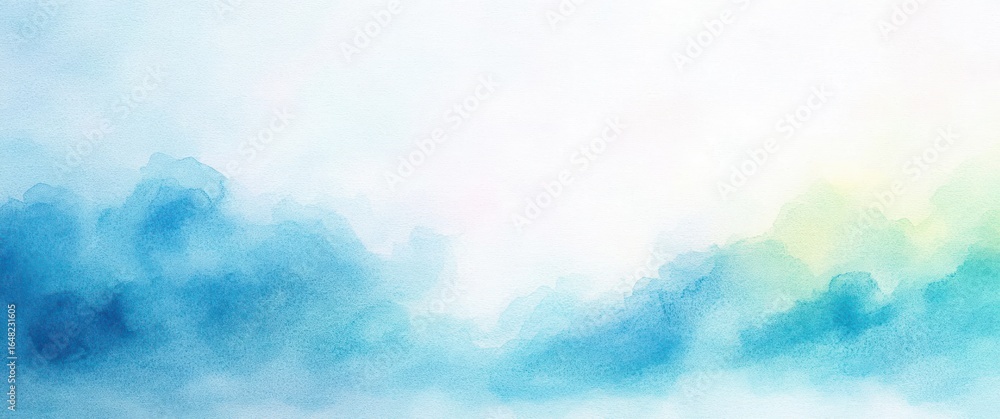 Poster soft abstract watercolor painting of blue and green clouds blending into a light background creating