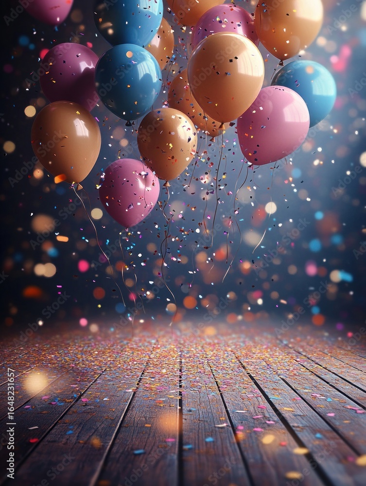 Poster colorful balloons floating above a wooden floor covered with scattered confetti creating a festive a