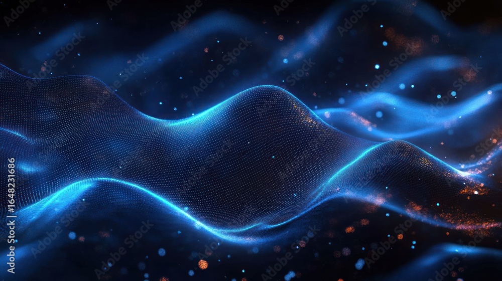 Poster abstract blue glowing wave with particle effects floating in dark space creating a futuristic and fl