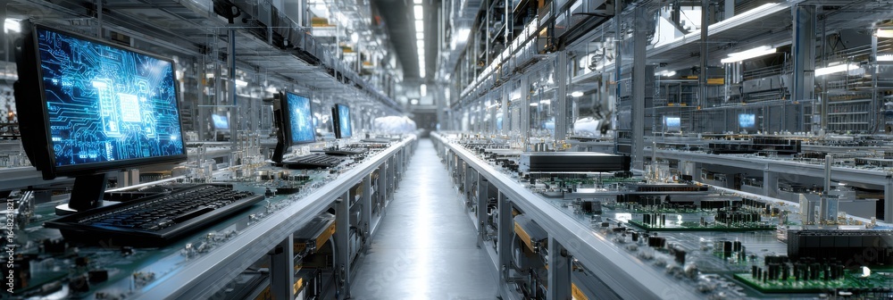 Poster a computer factory with many computer monitors and keyboards