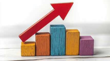 Colorful wooden bar chart with a red upward arrow showing growth or increase