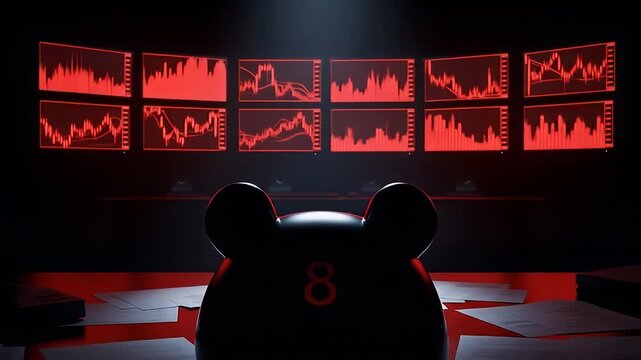 Intense trading room with multiple monitors displaying market data, financial analysis in dark environment