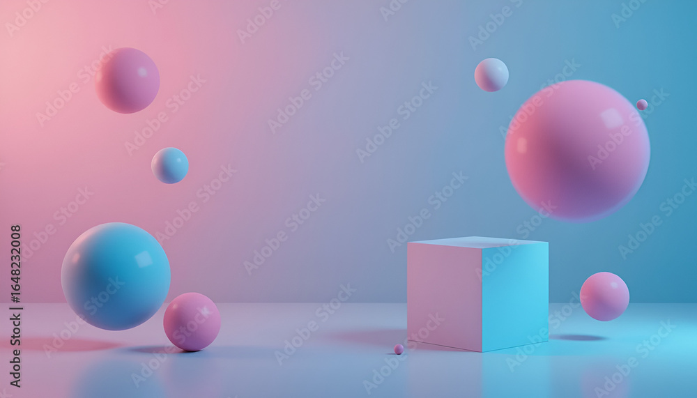 Poster floating spheres and cube in pastel colors create an abstract composition