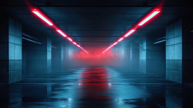Empty underground parking garage illuminated by parallel rows of glowing red neon lights with wet reflective floor and misty atmosphere creating moody futuristic ambiance