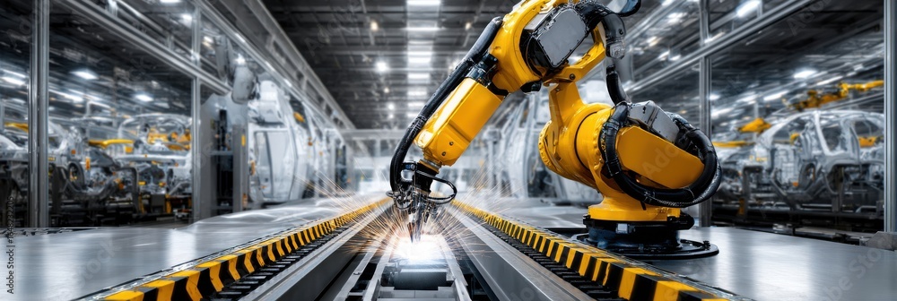 Poster a robot is working on a car in a factory