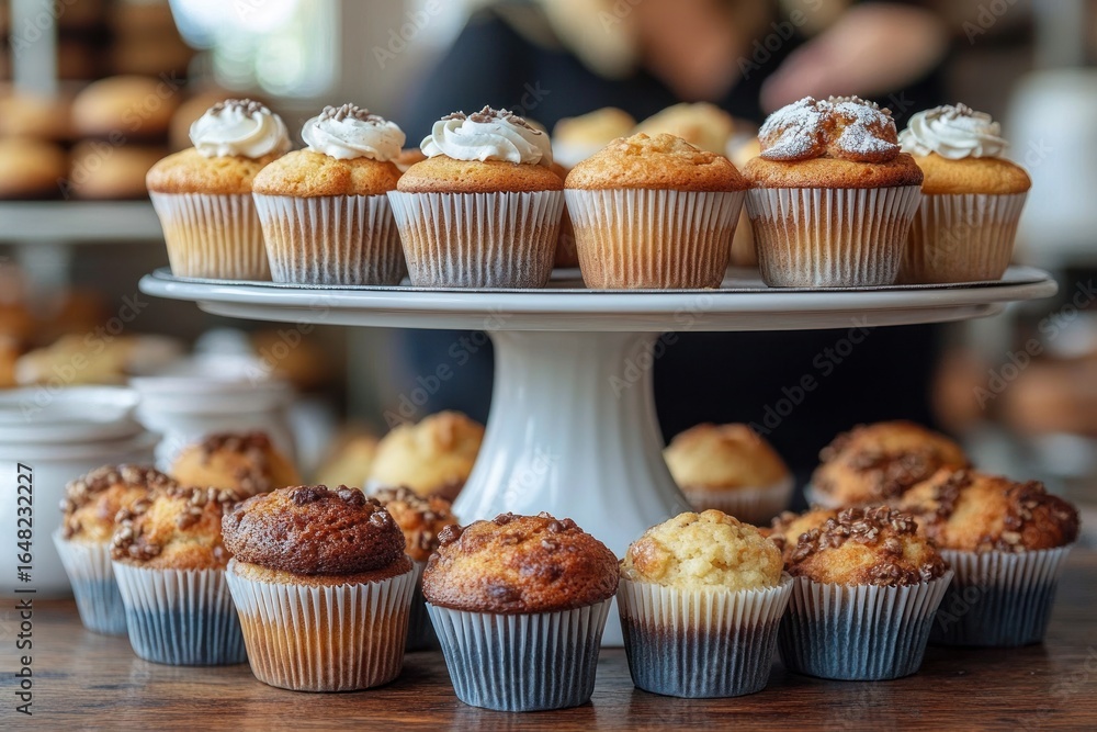 Poster assorted freshly baked muffins with different toppings displayed on a white cake stand and wooden ta