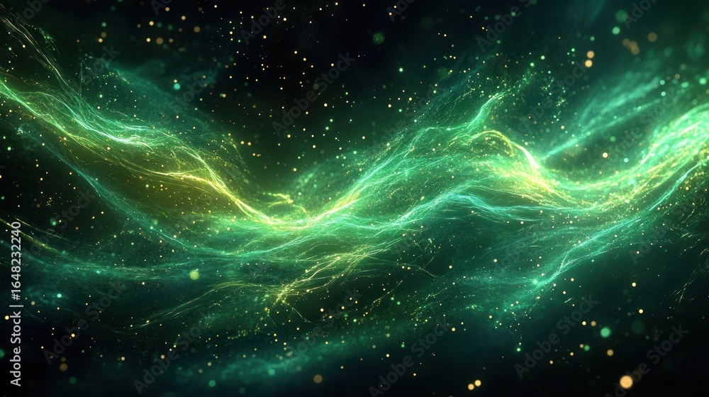 Poster abstract flowing green and yellow light waves with sparkling particles in a dark cosmic background c