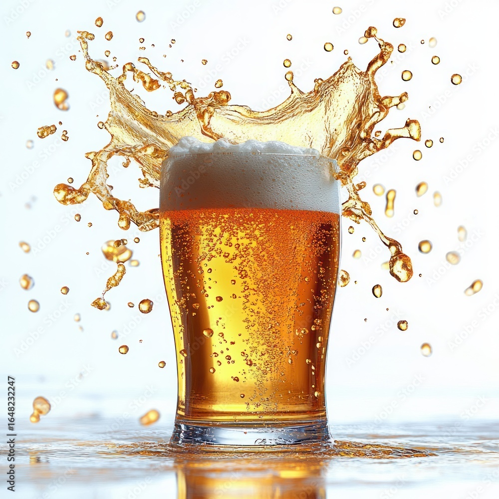 Poster glass of golden beer with foam at the top and a dynamic splash of liquid erupting around it on a ref