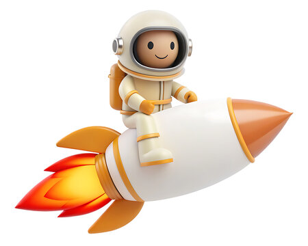 A cartoon astronaut riding a white and orange rocket with flames on a white background in a studio shot