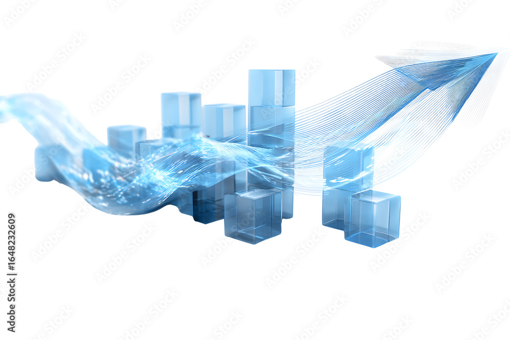 Poster abstract illustration of growing trends with 3d cubes and flowing lines representing progress and da